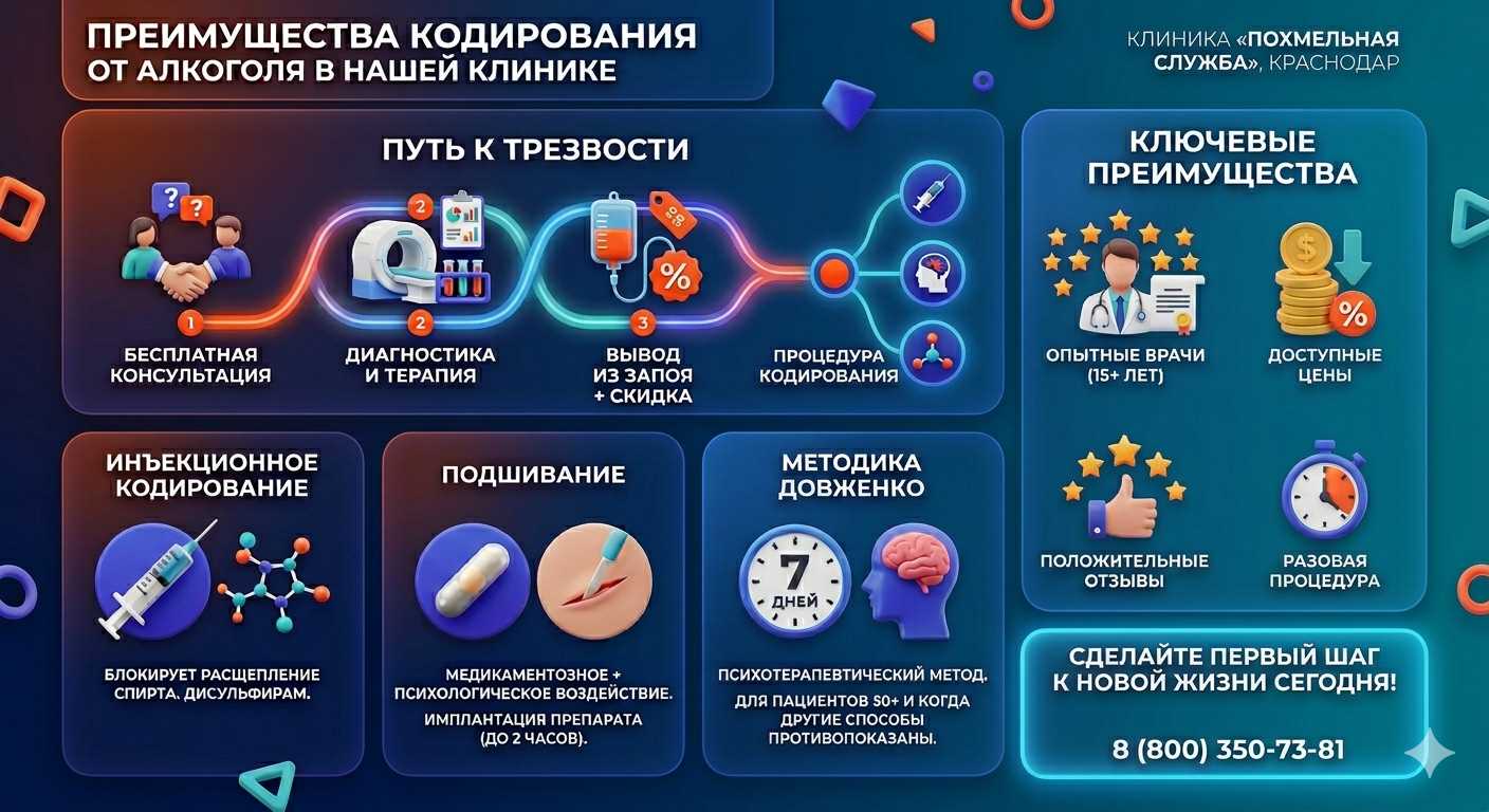 Инфографика о методах кодирования от алкоголя в Губкинском: инъекции, подшивание, метод Довженко. Преимущества клиники и этапы лечения.