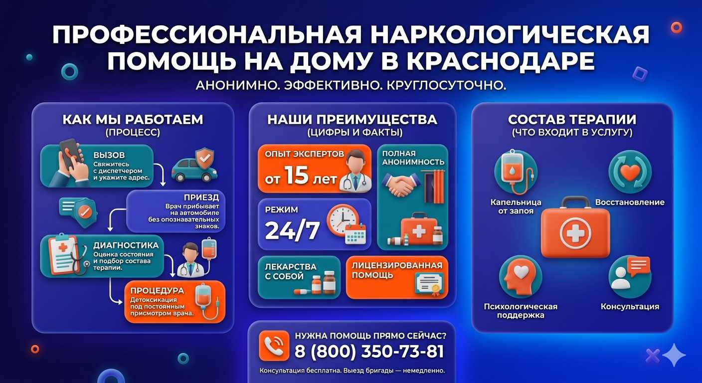 Инфографика о принципах лечения алкоголизма на дому в Губкинском: этапы вызова нарколога, преимущества анонимной детоксикации и состав медицинской помощи.